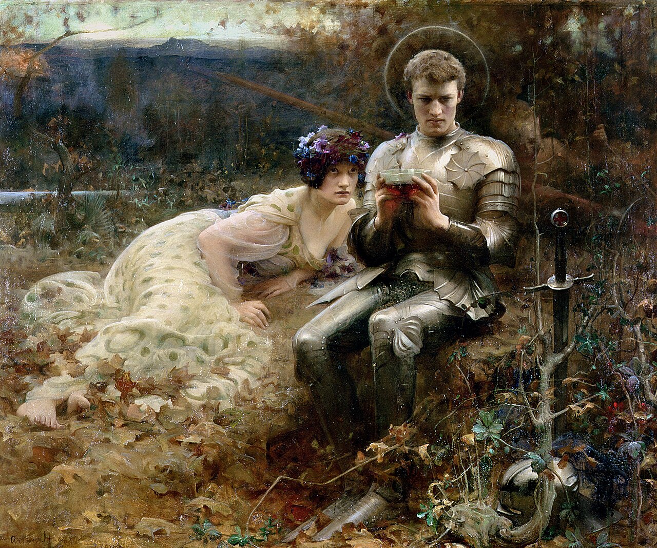 Arthur Hacker, La tentación de Sir Percival, 1894, óleo sobre lienzo, Leeds Art Gallery